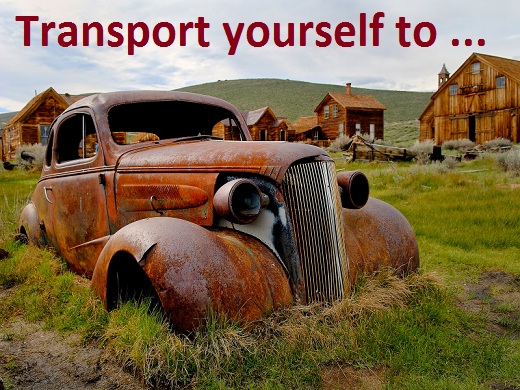 transport yourself to ..., broken old car without wheels